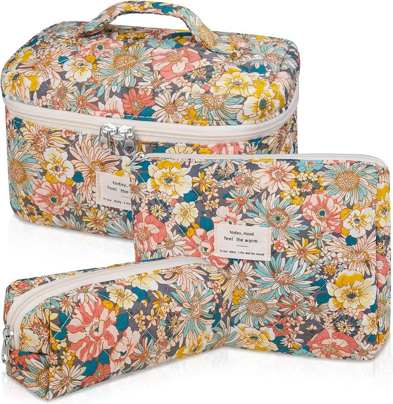 Gosect Makeup Bag Set, Quilted Makeup Bag, Large Floral Cosmetic Bag for Women, Cute Cotton Makeup Bags, Flower Travel Toiletry Organizer Bag (South Twigs Flower) - Image 1